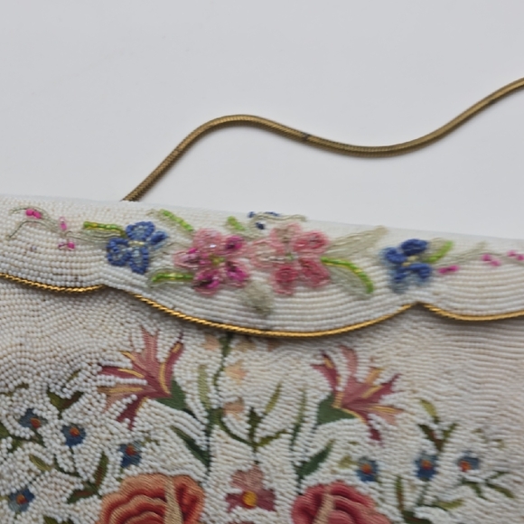 Vintage Ivory Beaded Handbag Embroidered Rose Floral Envelope Clutch French - Picture 5 of 16
